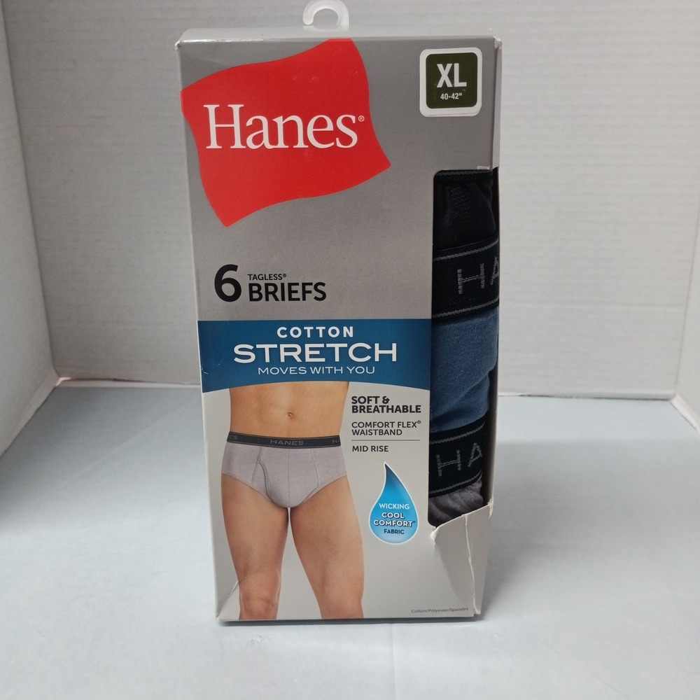 Hanes 6 Briefs Tagless Underwear Size XL‎ (40-42) Cotton Stretch Mid Rise